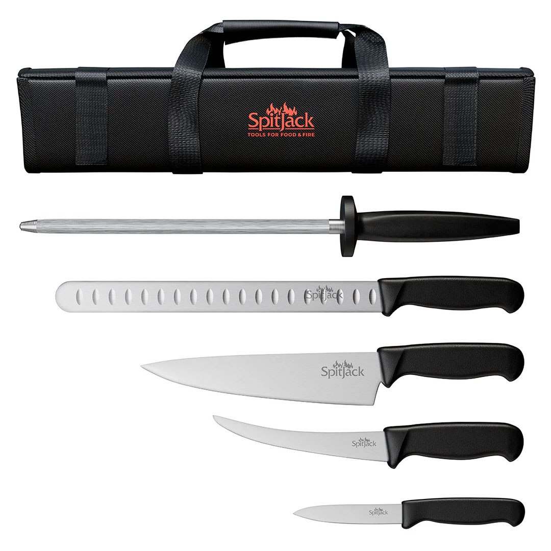 SpitJack 4-Piece Knife Set With Brisket Set, Chef's Knife, Sharpening Hone, Paring Knife & Case