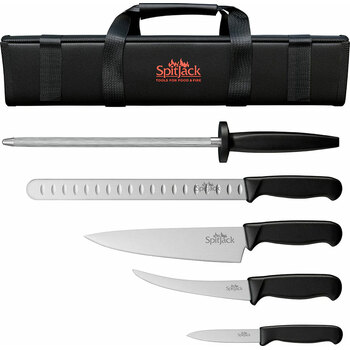 SpitJack 4-Piece Knife Set With Brisket Set, Chef's Knife, Sharpening Hone, Paring Knife & Case